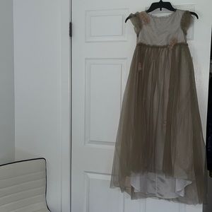 Stunning Silk and silk mesh gown taupe colored with beige accents ankle length.